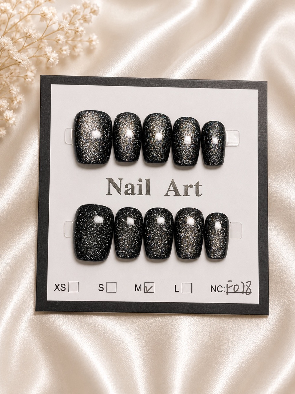 Sparkling Black Glitter Press-On Nails size medium